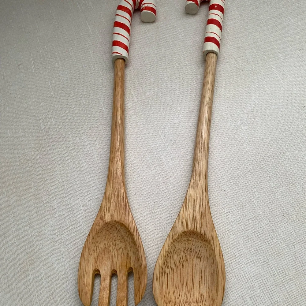 Vintage Christmas Wooden Salad Servers spoons with‎ Candy Cane Handles